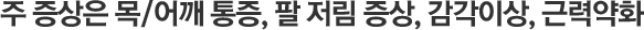 주 증상은 목/어깨 통증,팔 저림 증상, 감각이상, 근력약화